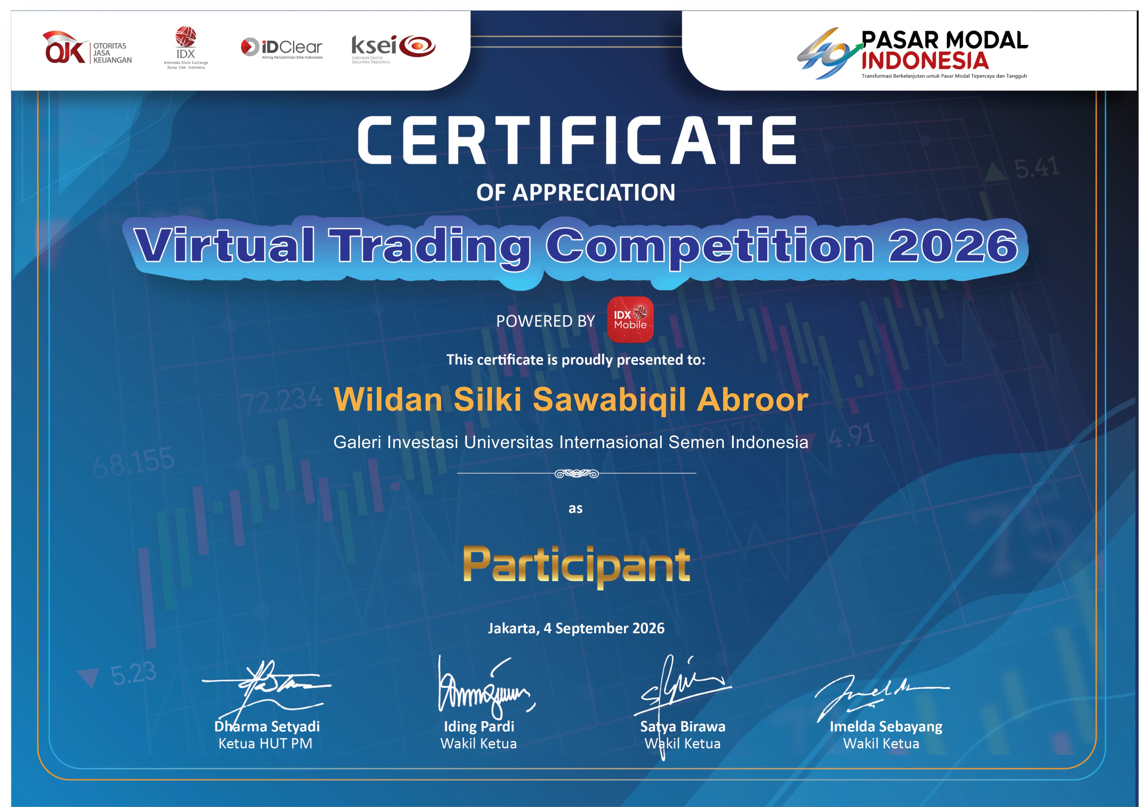 Wildan Silki Sawabiqil Abroor - Virtual Trading Competition 2026 Certificate - Indonesia Stock Exchange